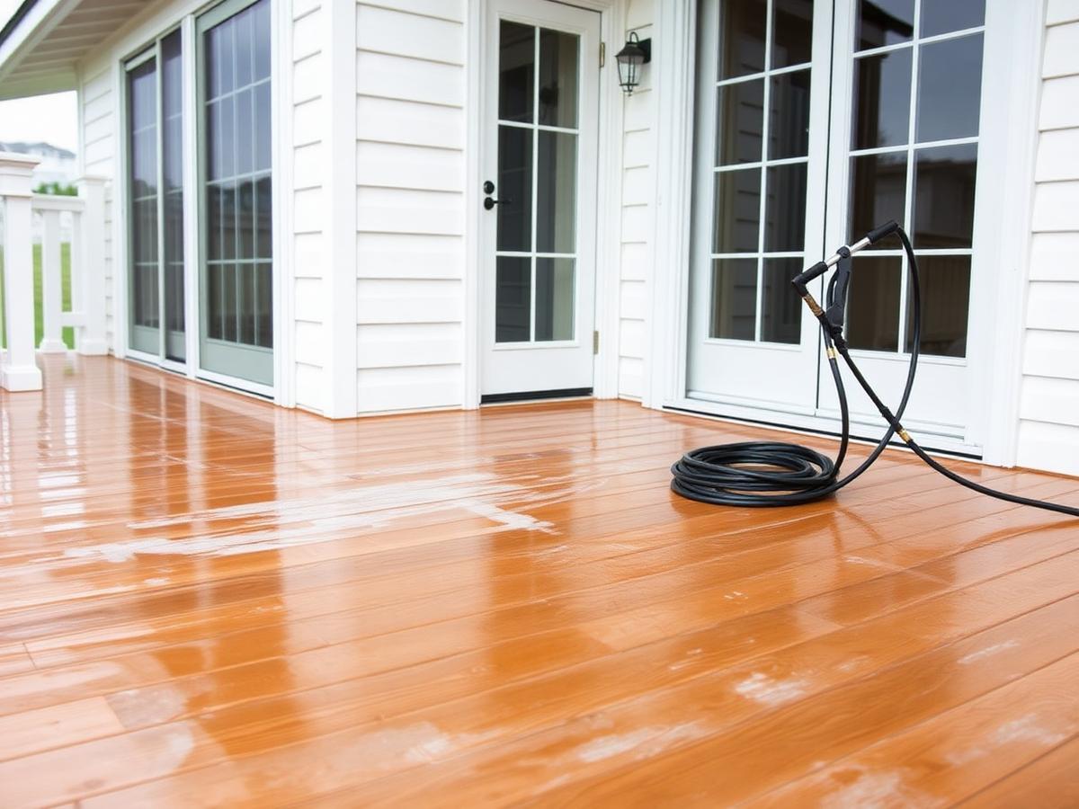 Clean wet deck boards and white siding on a coastal home after pressure washing