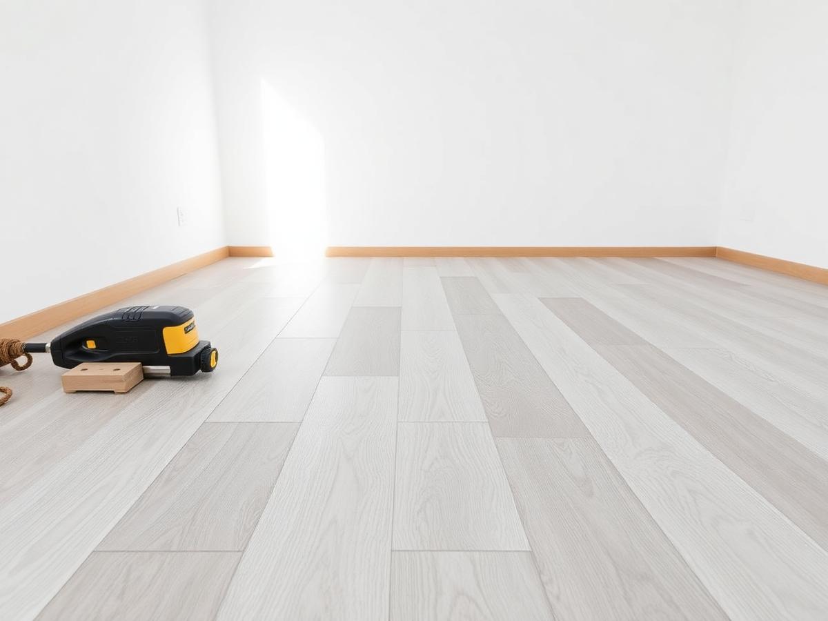 Light grey luxury vinyl plank flooring installed across a bright open room