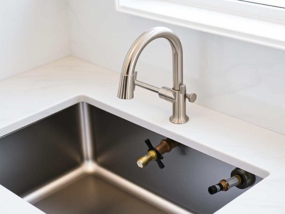 New brushed nickel kitchen faucet installed on a quartz countertop above a stainless sink