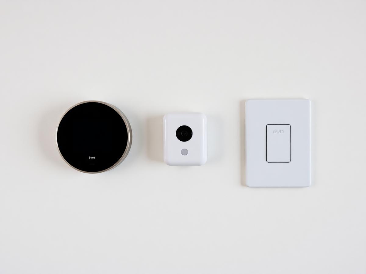 Smart thermostat, indoor camera, and smart light switch mounted on an interior wall